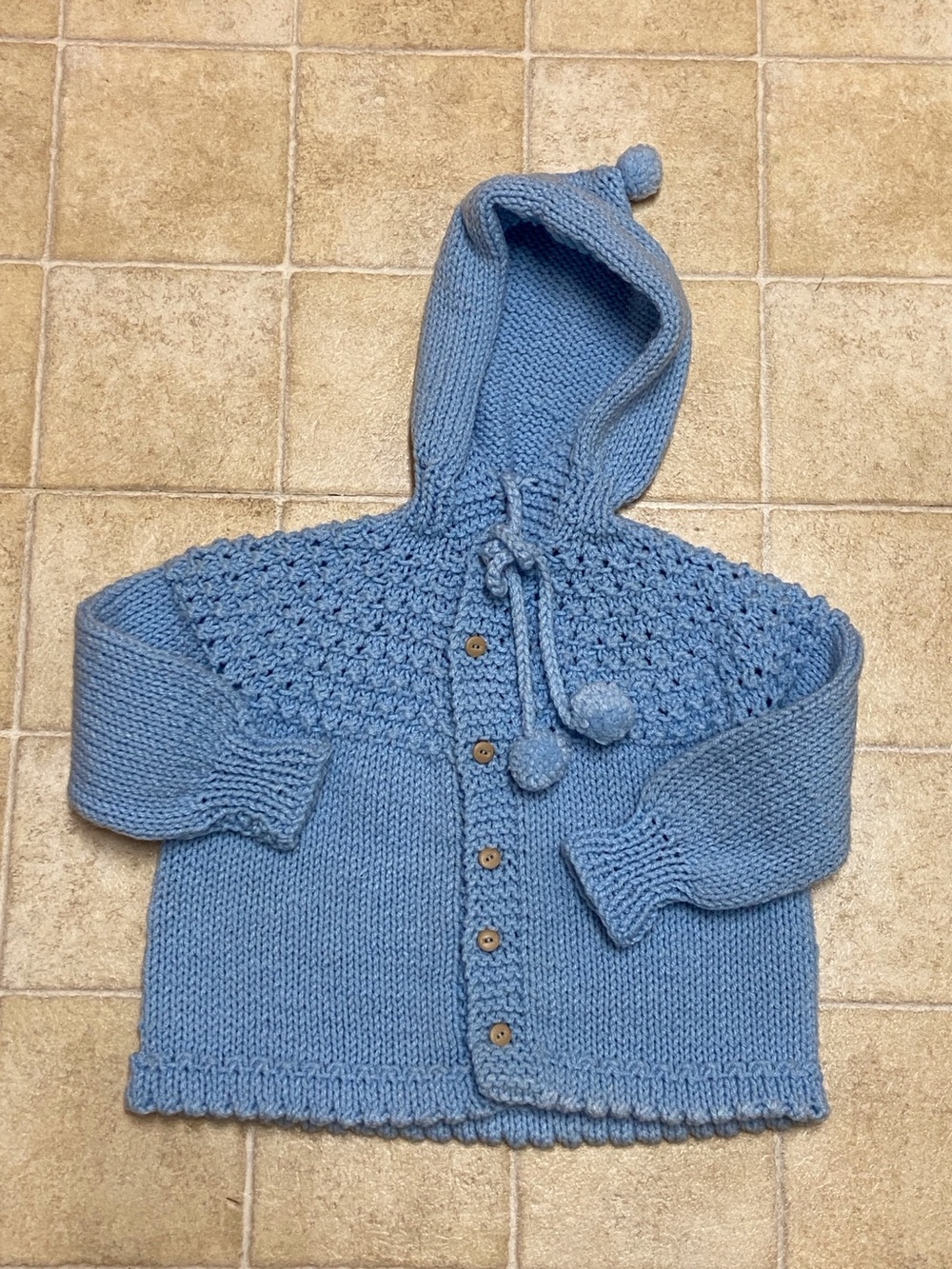 Handknit Light Blue Hooded Cardigan with Pom Drawstring Approxi,12-18 Months